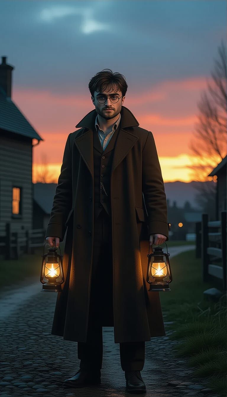 Steampunk Lantern Bearer at Dusk: Cinematic Film Still