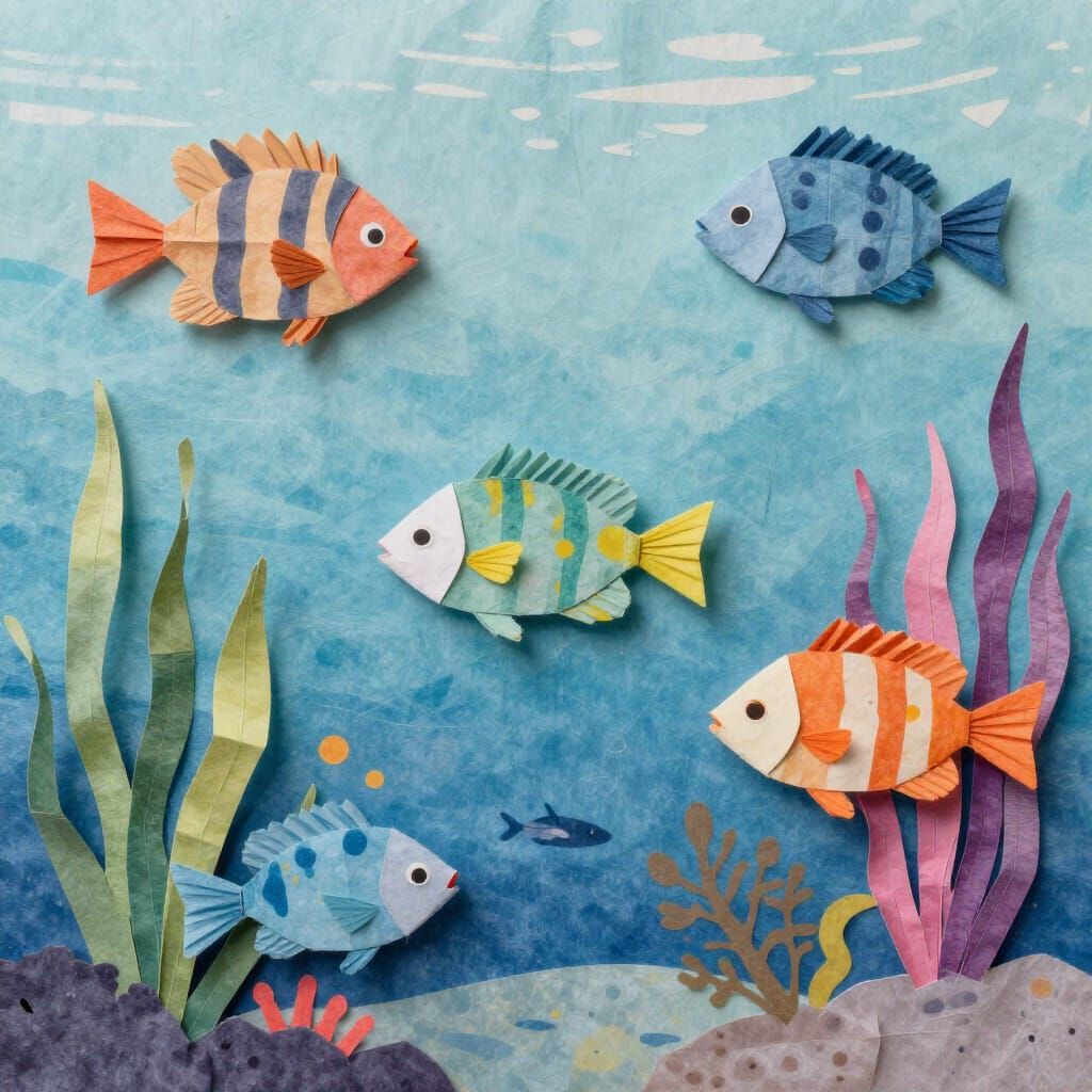 Underwater Life Scene With Mixed Media Collage