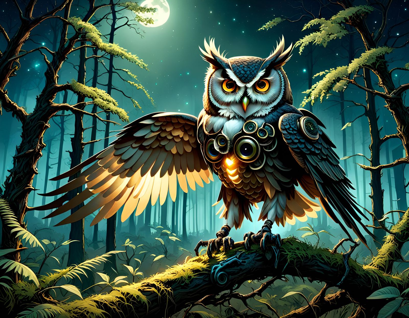 Surreal Cybernetic Owl Portrait in Forest