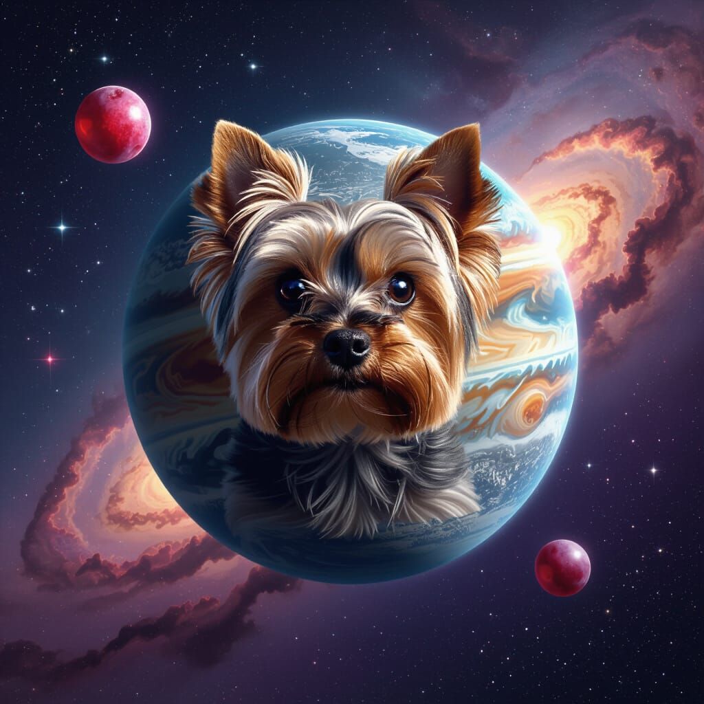 Yorkie Planet with Grape Moon in Surreal Space