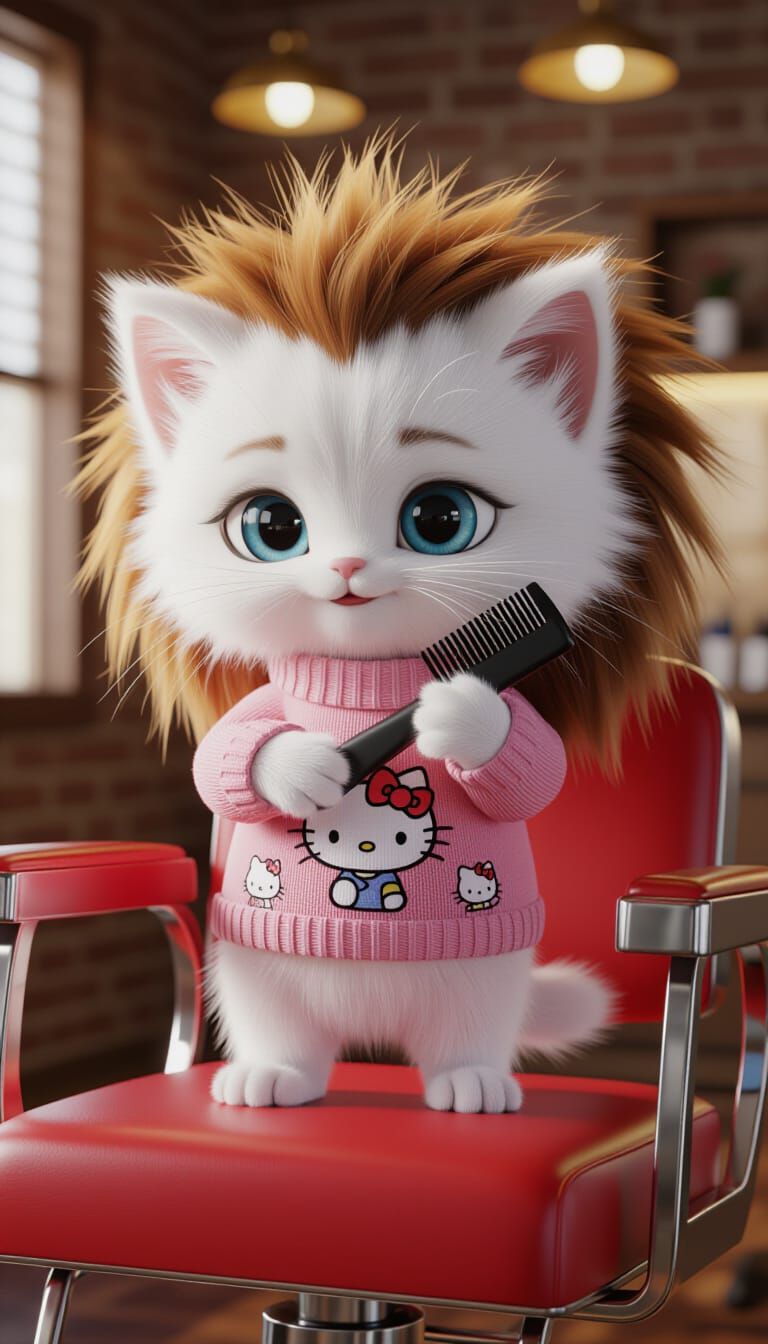 Kitten Brushing Lion's Mane in Cozy Salon