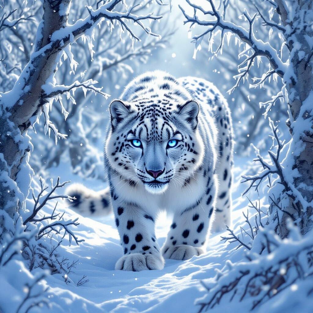 Snow Leopard in Crystalline Forest, Hyperrealistic Fantasy A...