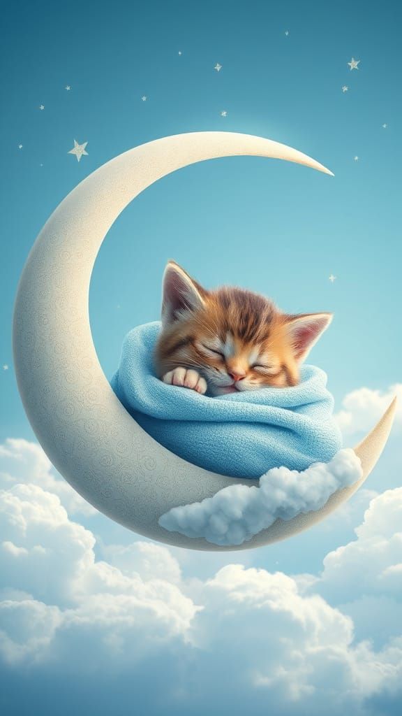 Adorable Baby Kitten Sleeping on Crescent Moon
