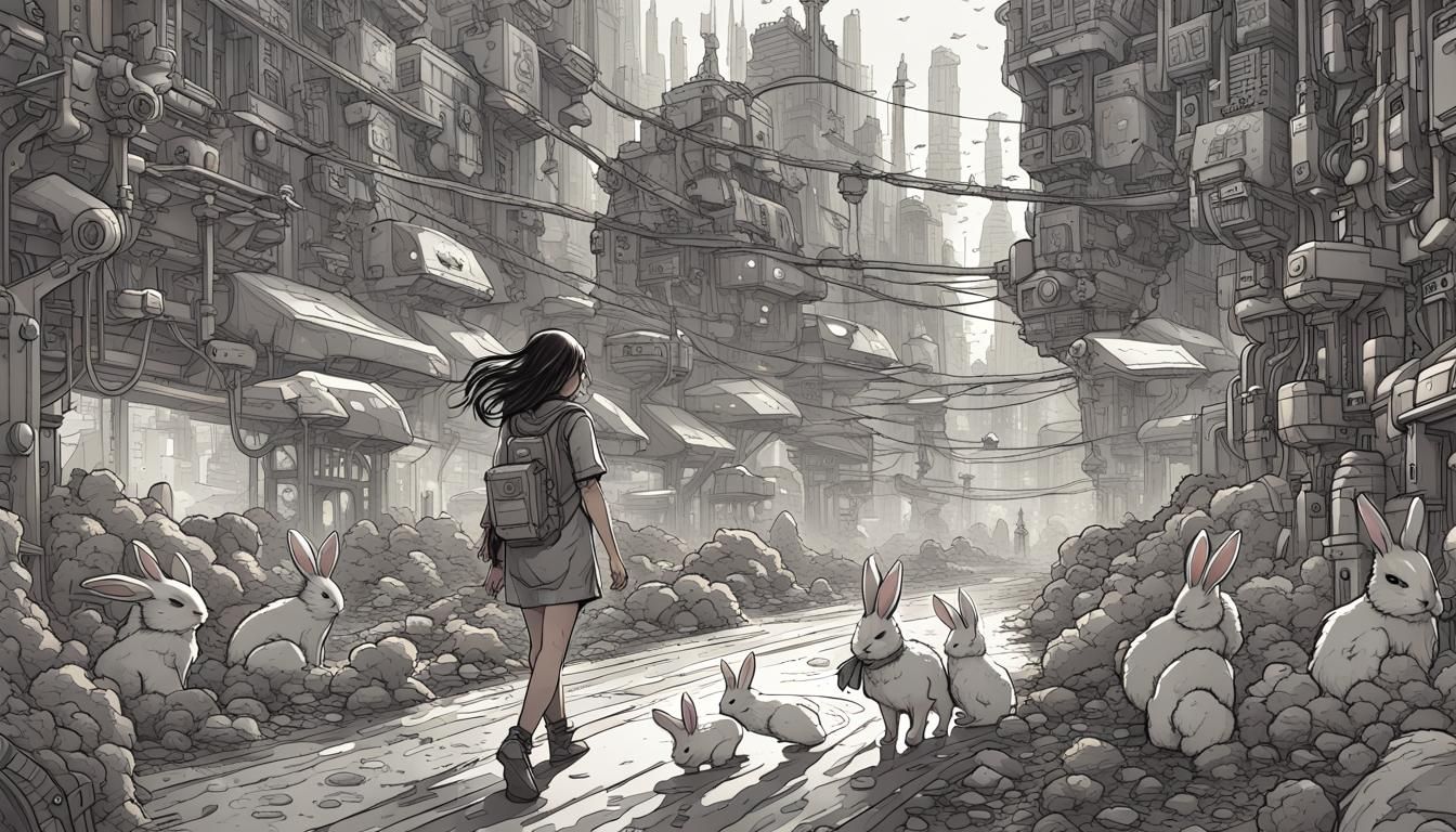 Girl and Robot Bunnies in Cyberpunk Utopia