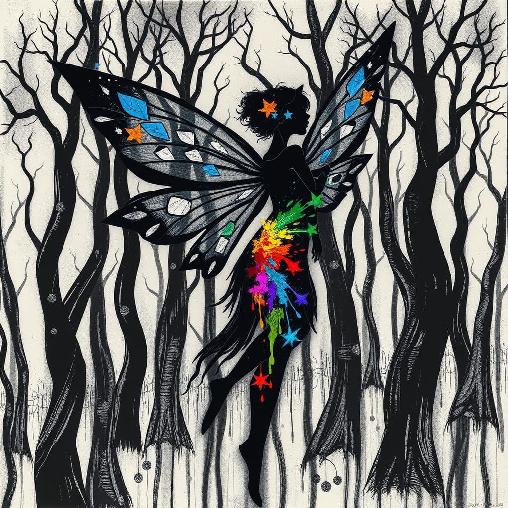 Cubist Autumn Fairy with Geometric Wings
