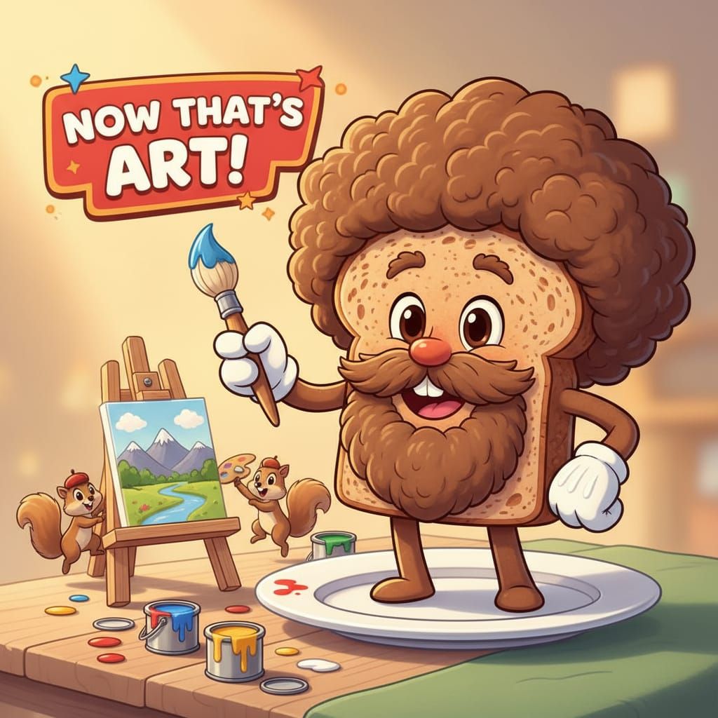 Animated Rye Toast as Bob Ross with Paintbrush