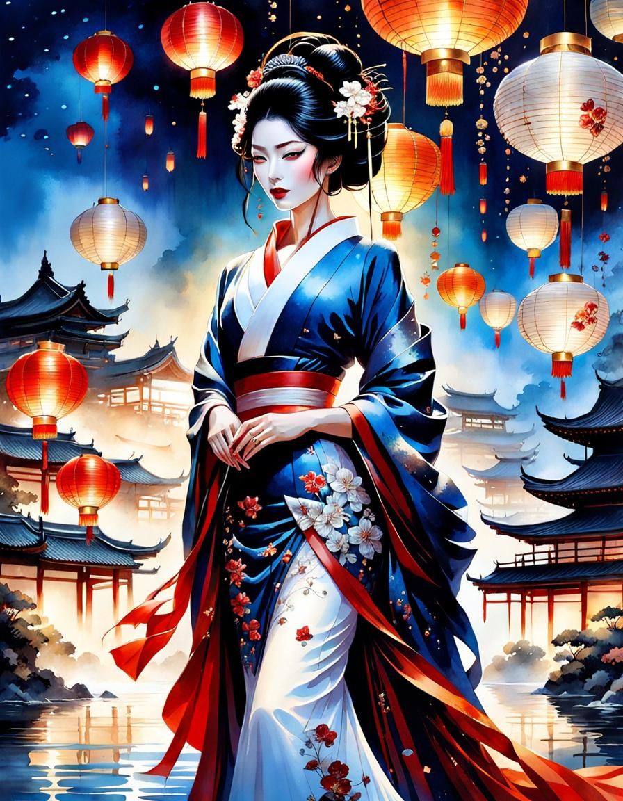 Geisha in Fantasy Asian Night, Watercolor Art