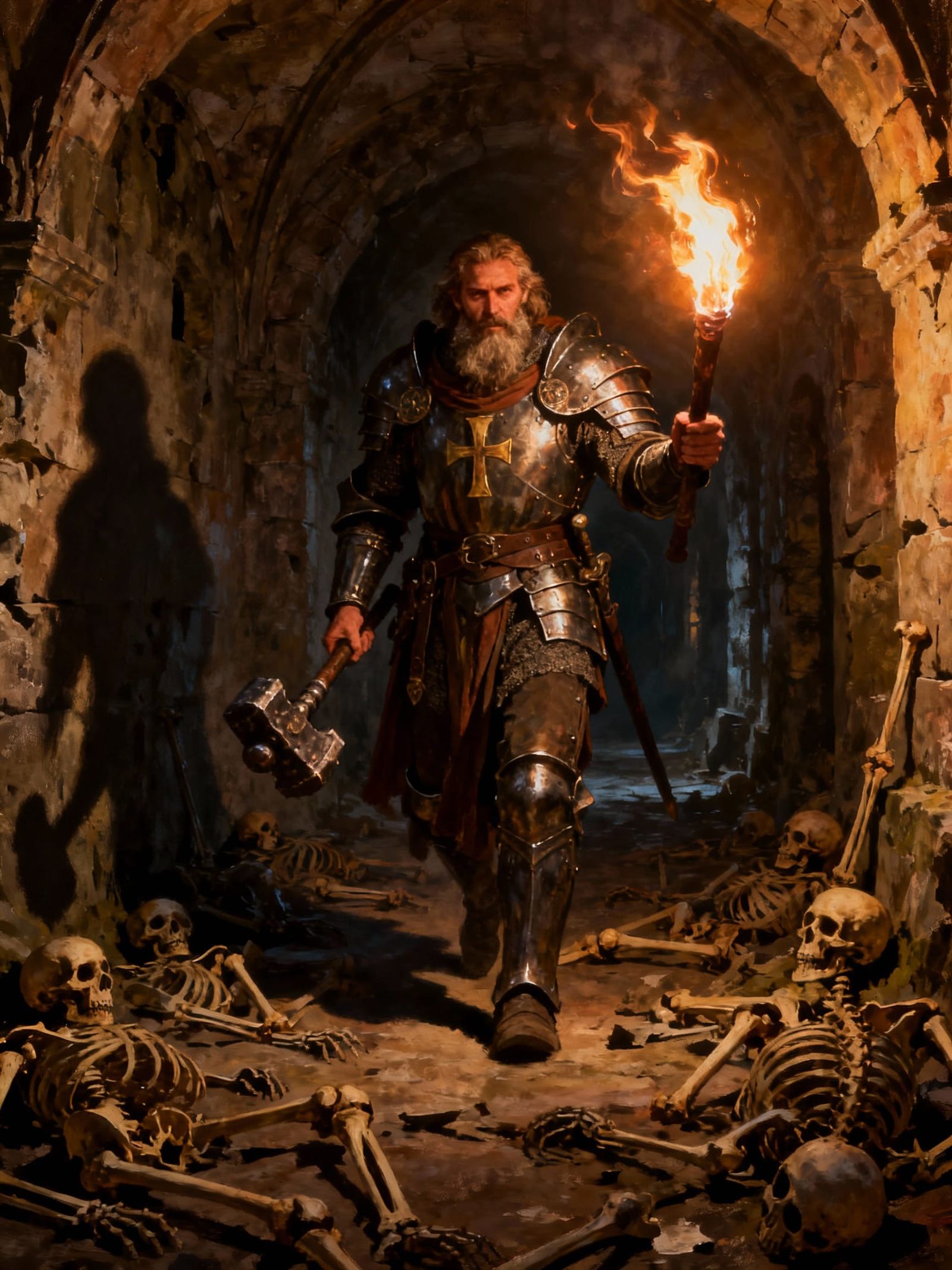 Warrior-Priest Advances into Grim Dungeon with Torch and Mac...