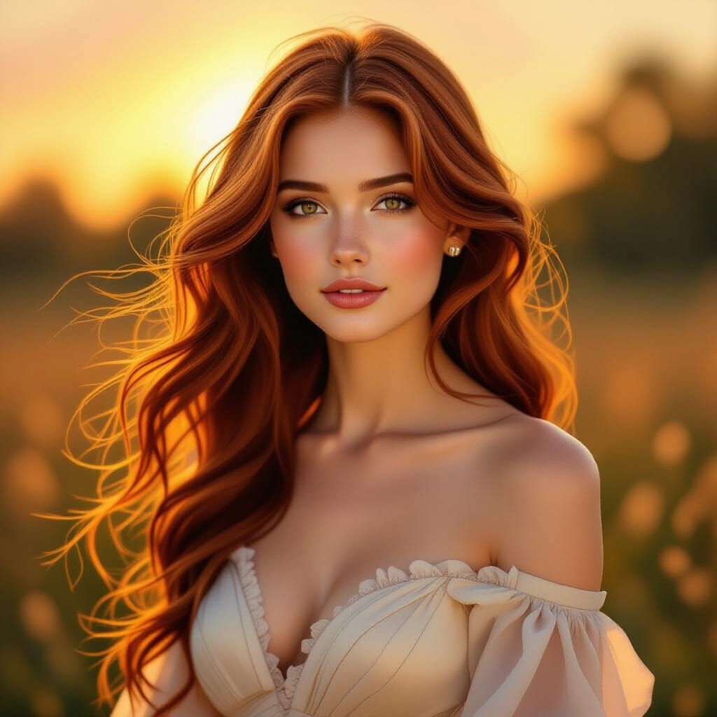 Serene Woman with Flowing Auburn Hair in Golden Hour Glow