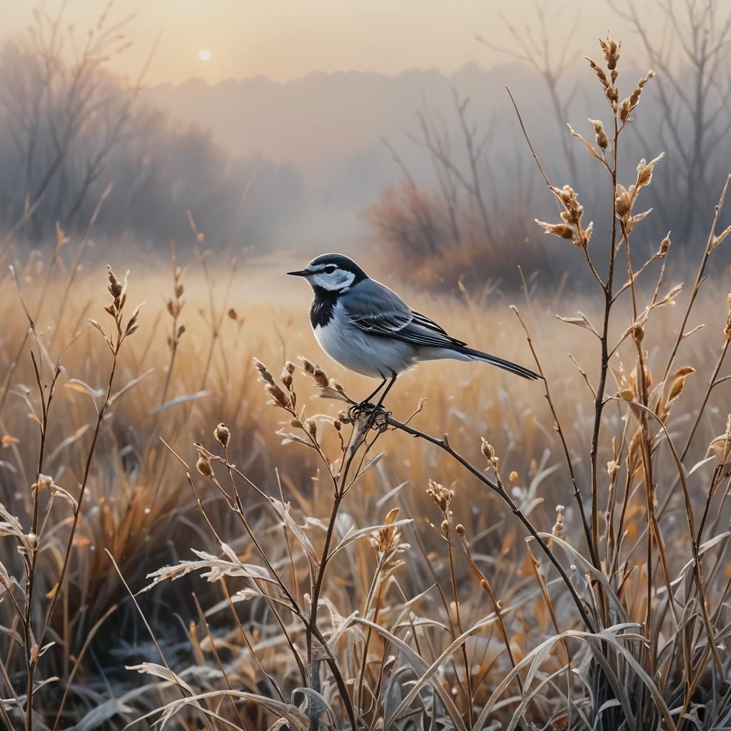 Watercolor White Wagtail in Foggy Winter Landscape