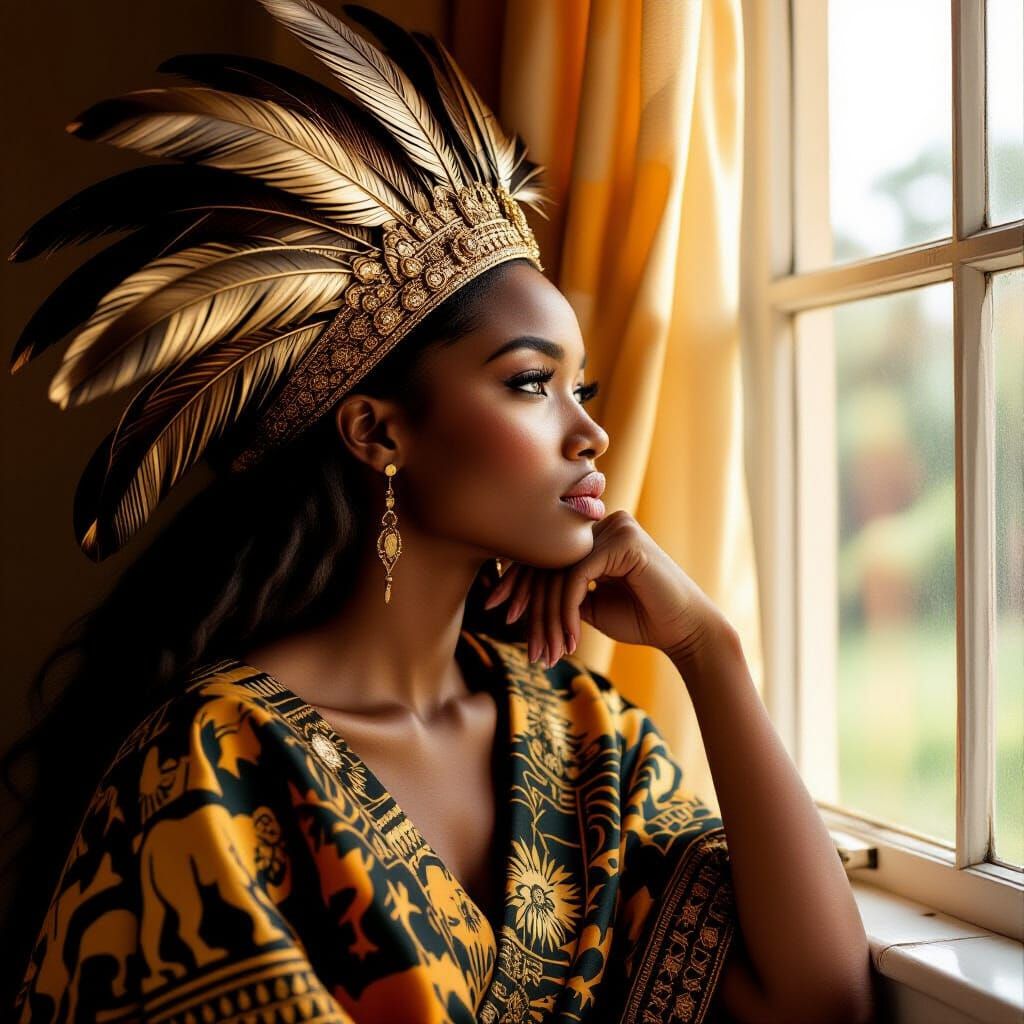 Contemplative Woman with Feather Crown in Classic Style