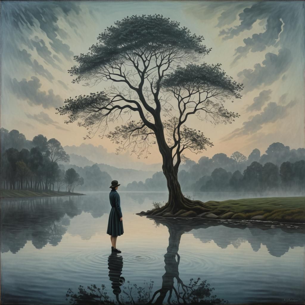 Melancholic Woman at Misty Lake, Surreal Oil Painting