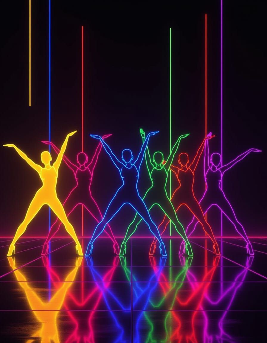 Seven Neon Dancers in Dynamic Futuristic Poses