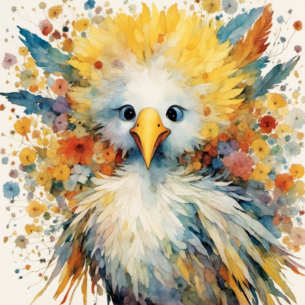 <lora:Strange Birds:1.0> a scruffy messy hair big bird with ...