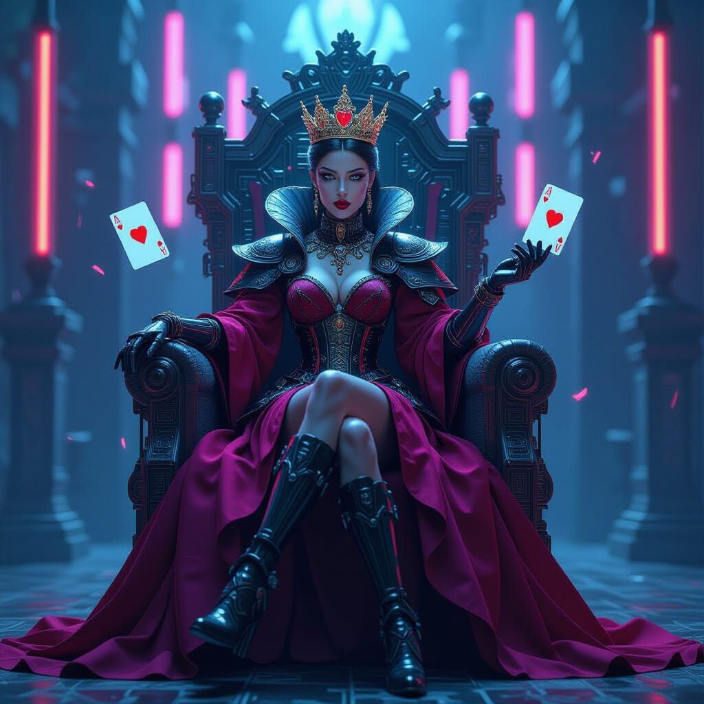 Cyberpunk Queen of Hearts Empress on Circuit Board Throne