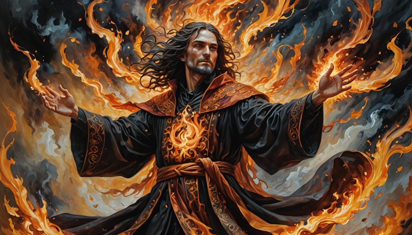 Fiery Mage in Gothic Fantasy Oil Painting