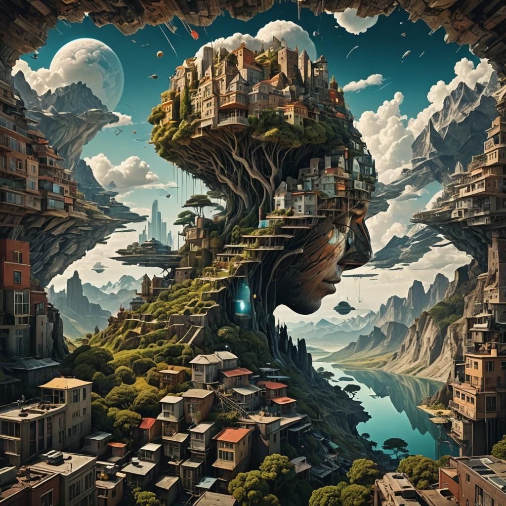 Surreal Landscape Collage with Glitch Art Elements
