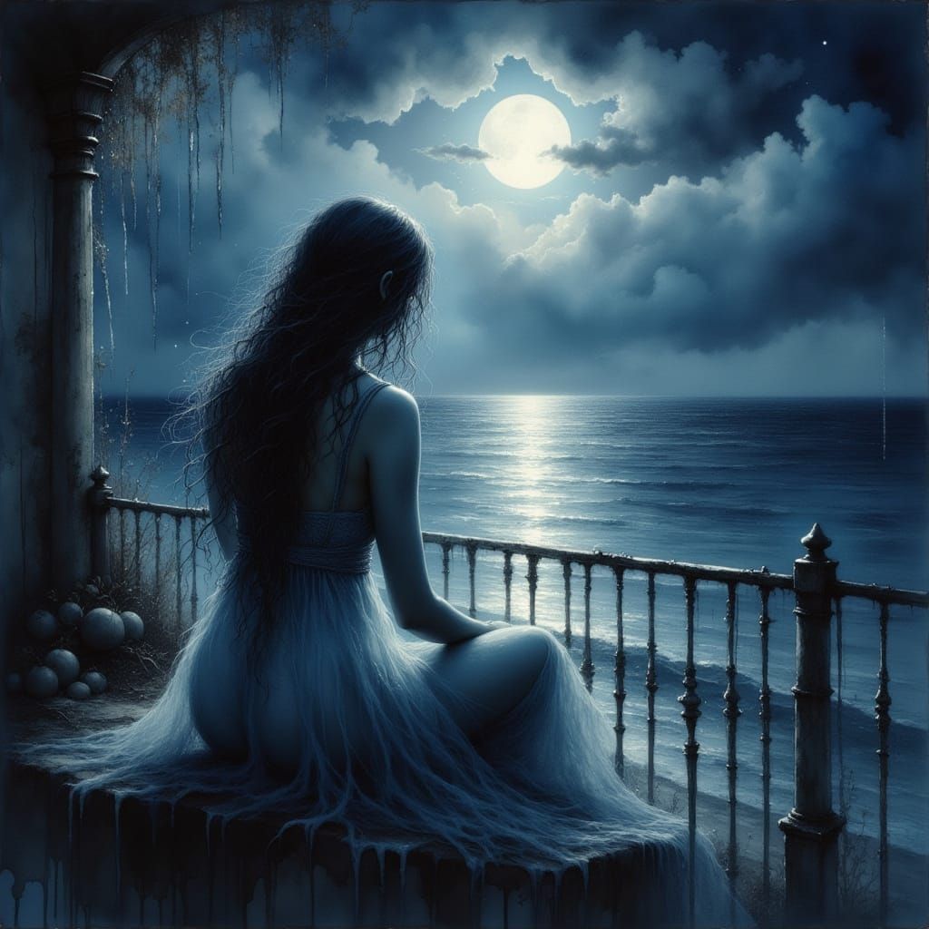 Moonlit Woman on Balcony in Romantic Style