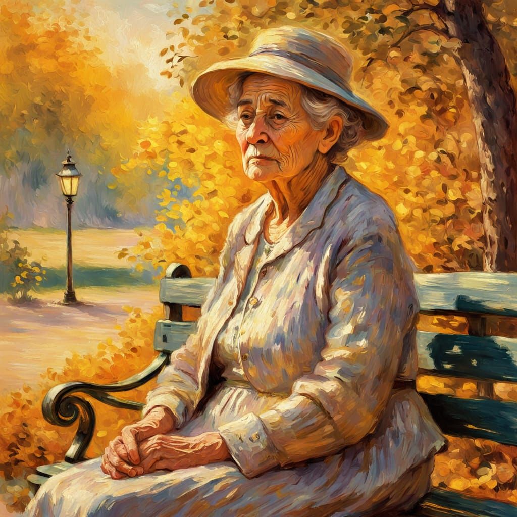Impressionist Portrait of an Old Woman on Bench