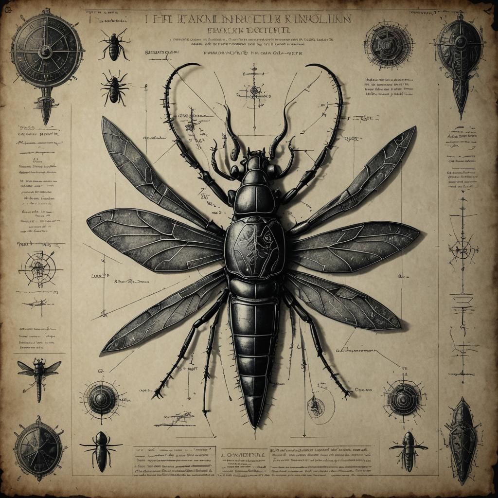 Lovecraftian Insect Artifact Blueprint in Black and White