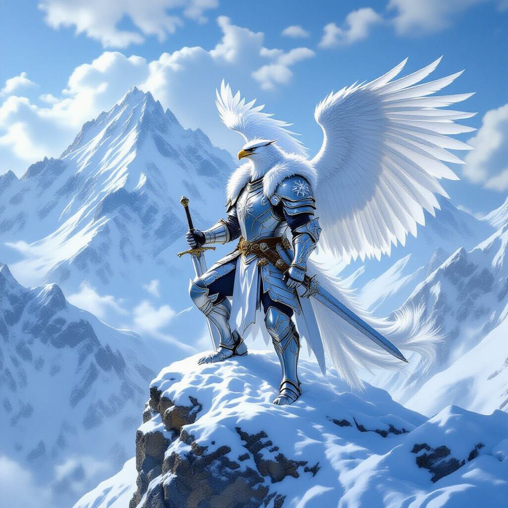 Griffin Knight Overlooking Winter Kingdom in High-Fantasy St...
