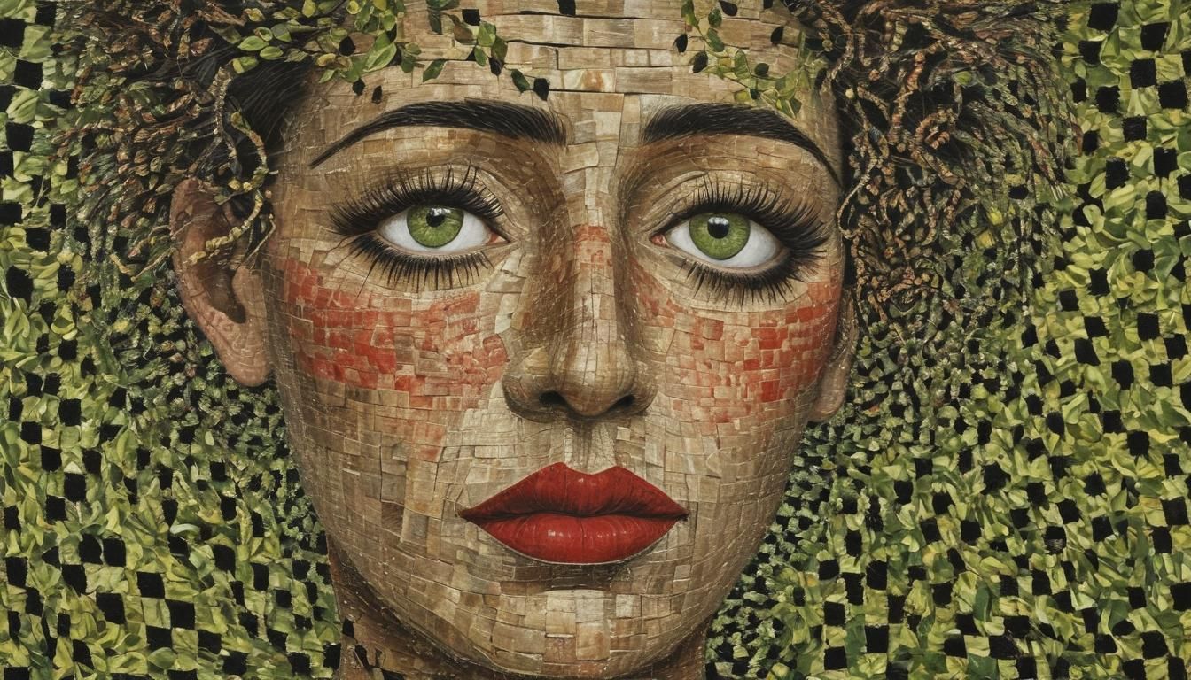 Fractal Naive Art Portrait with Checkered Cloth