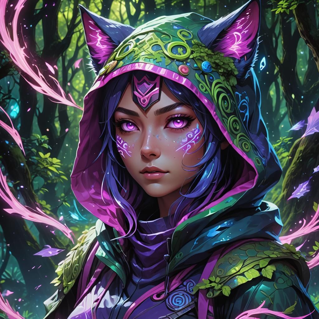 Psychedelic Anime Catgirl Portrait in Mystical Forest