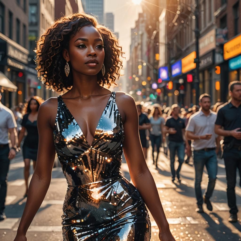 Radiant Woman in Crystal Dress, Hyper-Realistic Digital Art