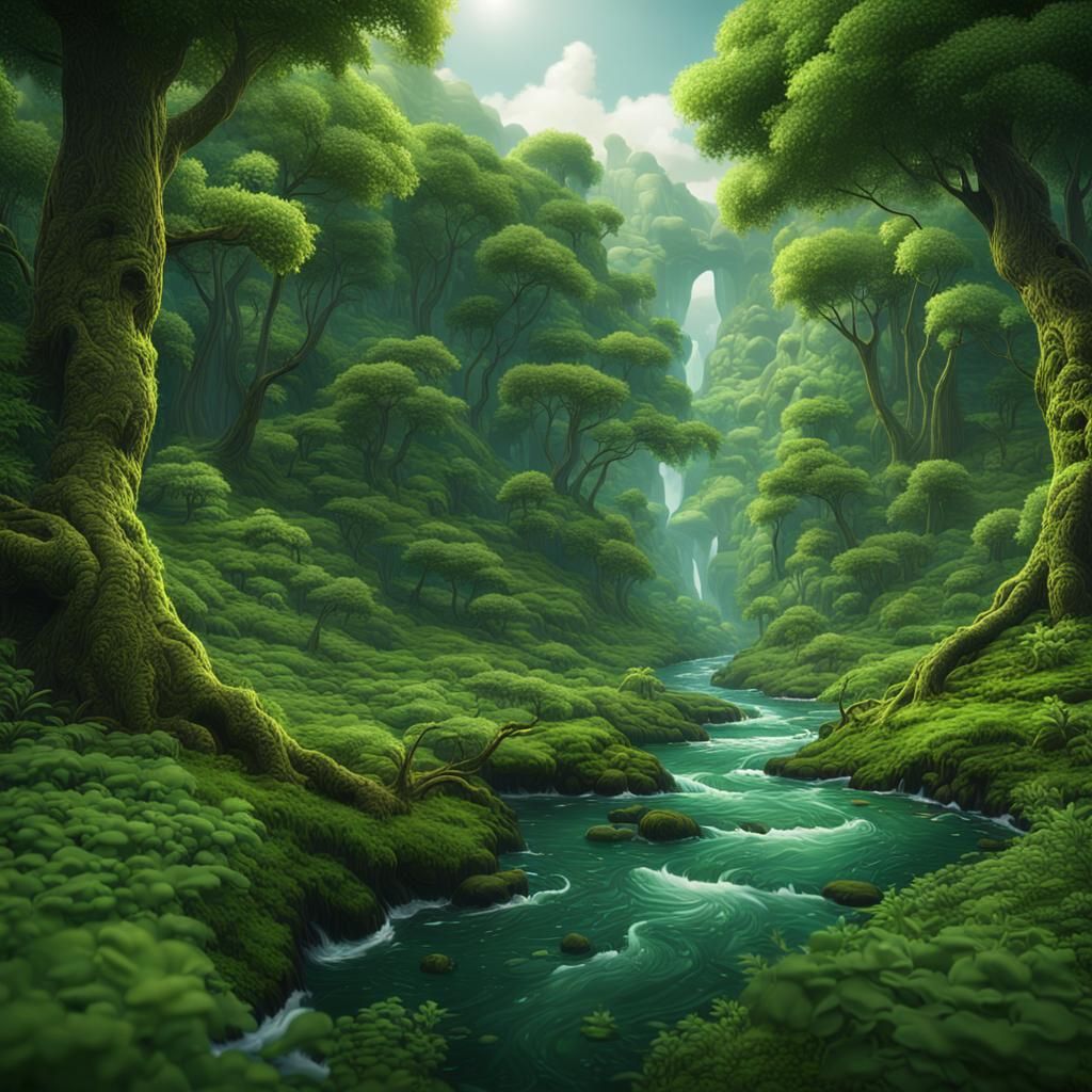 Lush Green Forest with River: Fantasy Concept Art