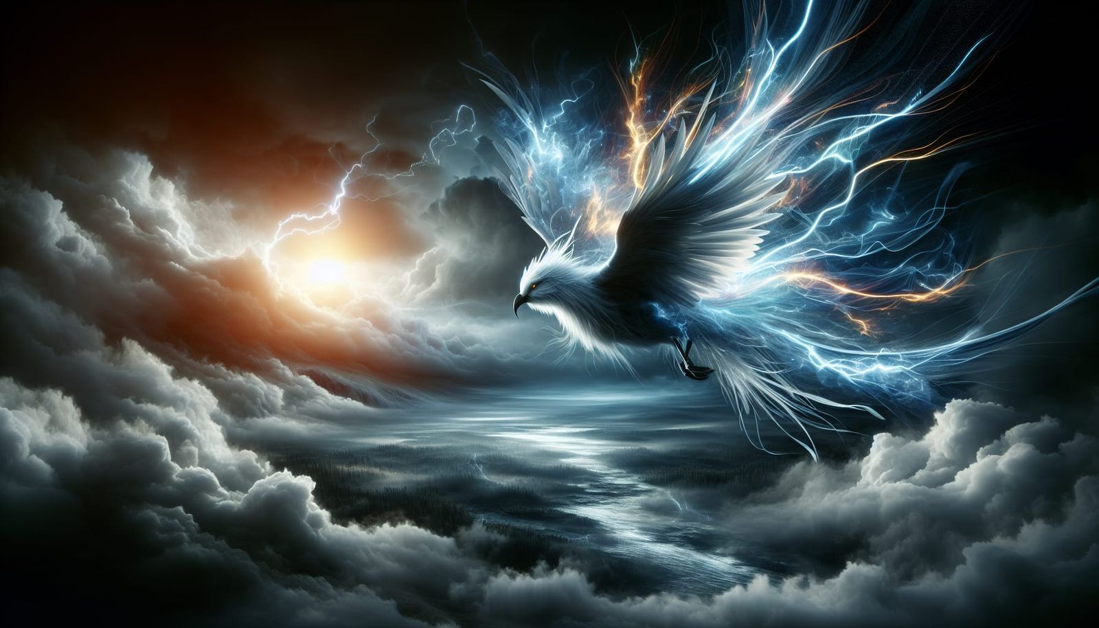 An epic storm bird with feathers like lightning and fog, soa...