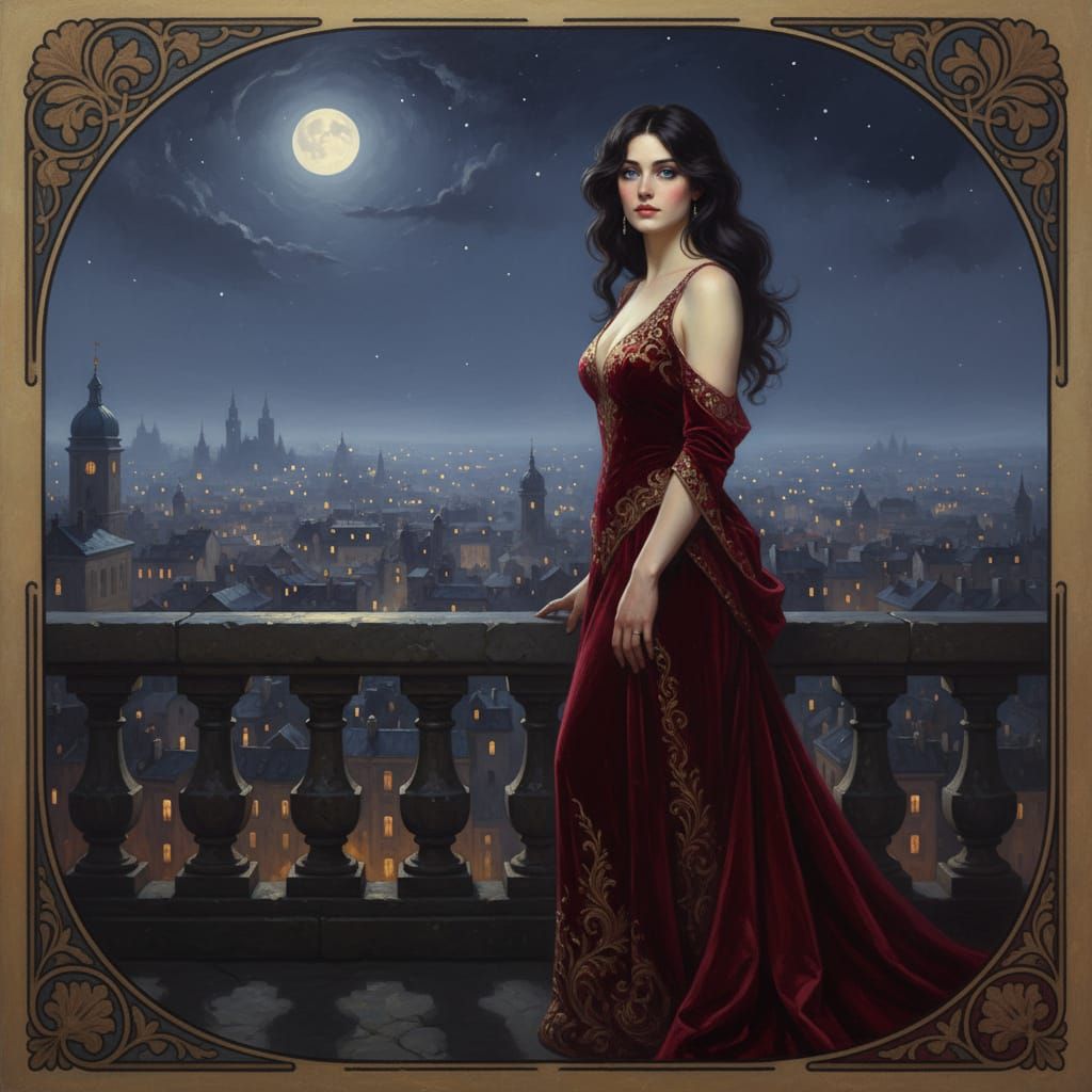 Elegant Woman in Red Gown on Balcony Overlooking City