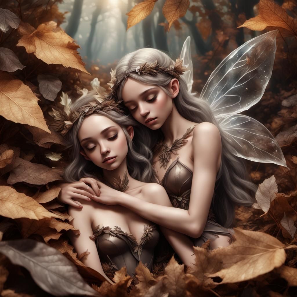 Quartz Fairies Cuddling in Autumn Leaves