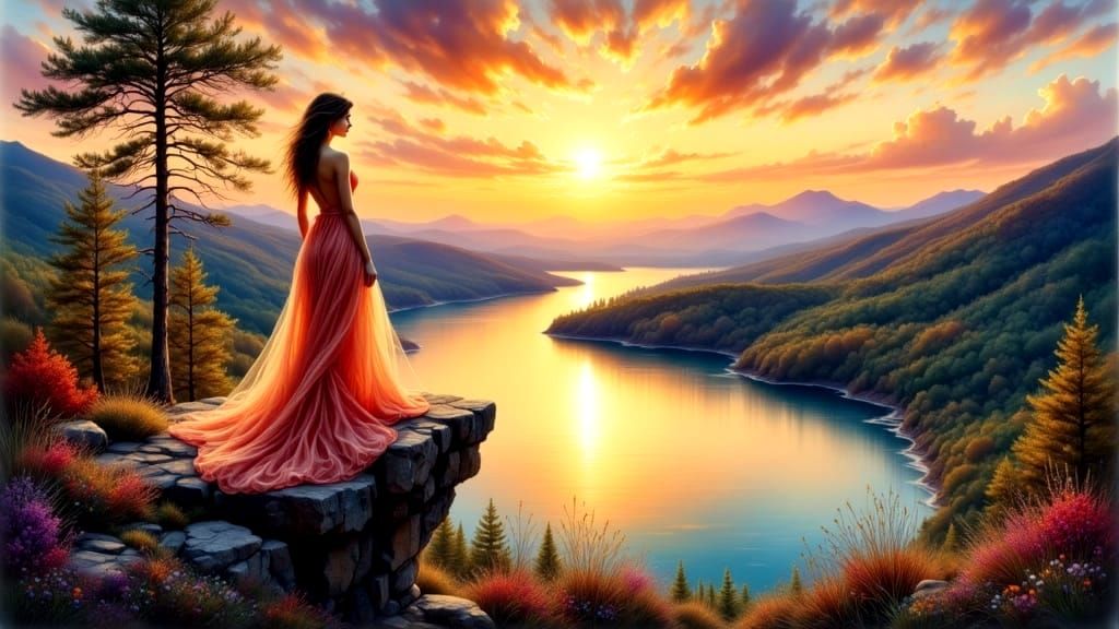 Beautiful Woman with Golden Details in Watercolor Style