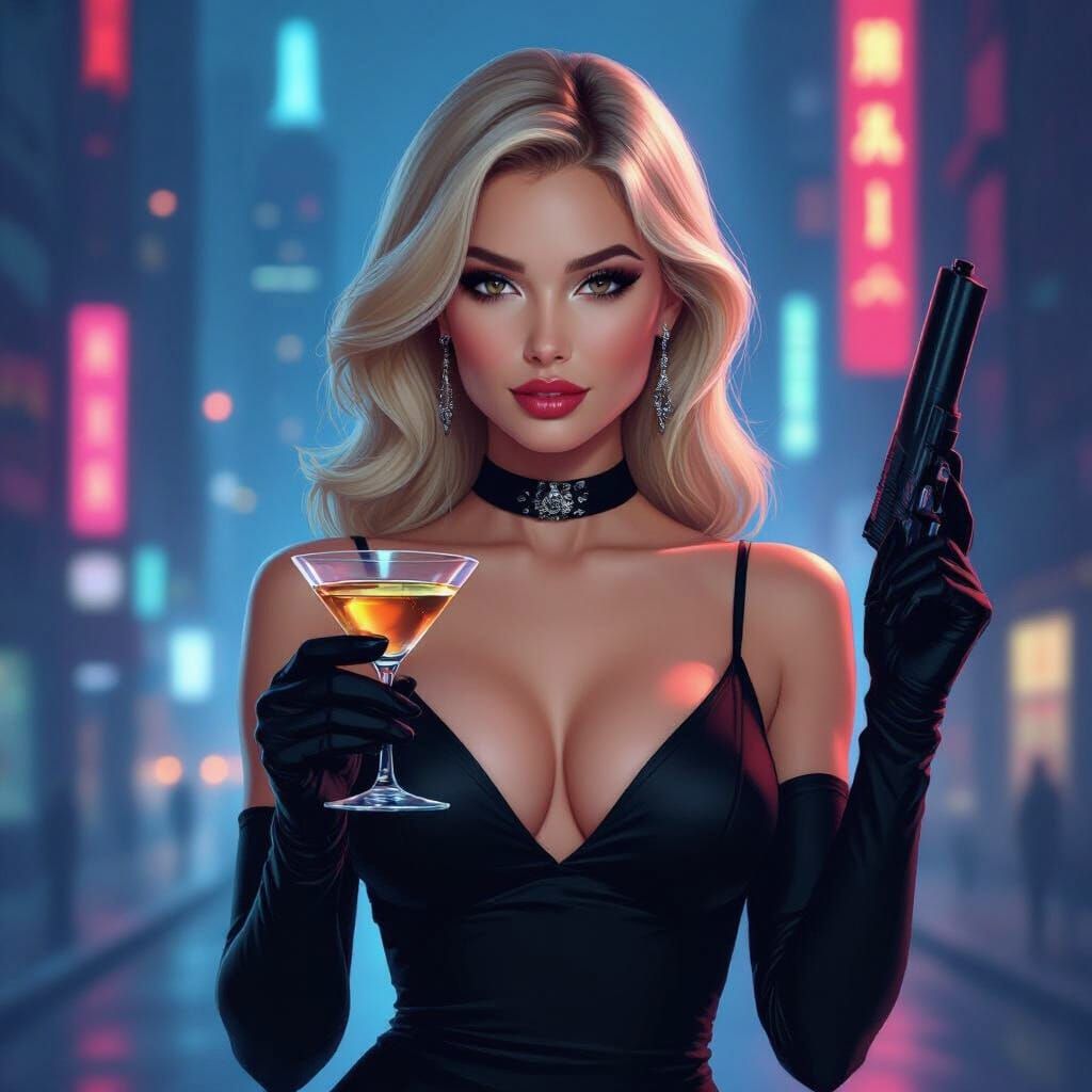Cyberpunk Glamour: Woman with Martini and Gun
