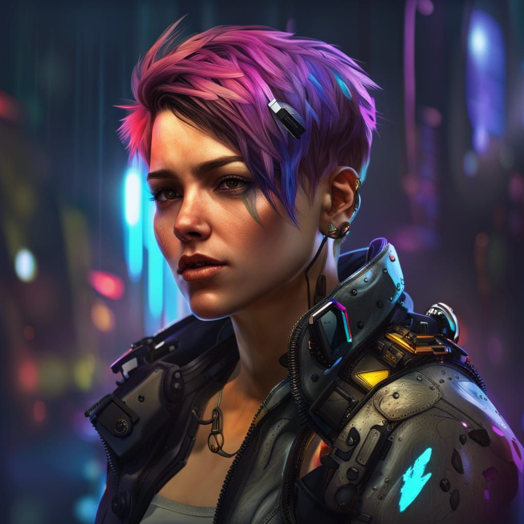 Hyperrealistic Cyberpunk Lesbian Portrait in Splash Art Styl...