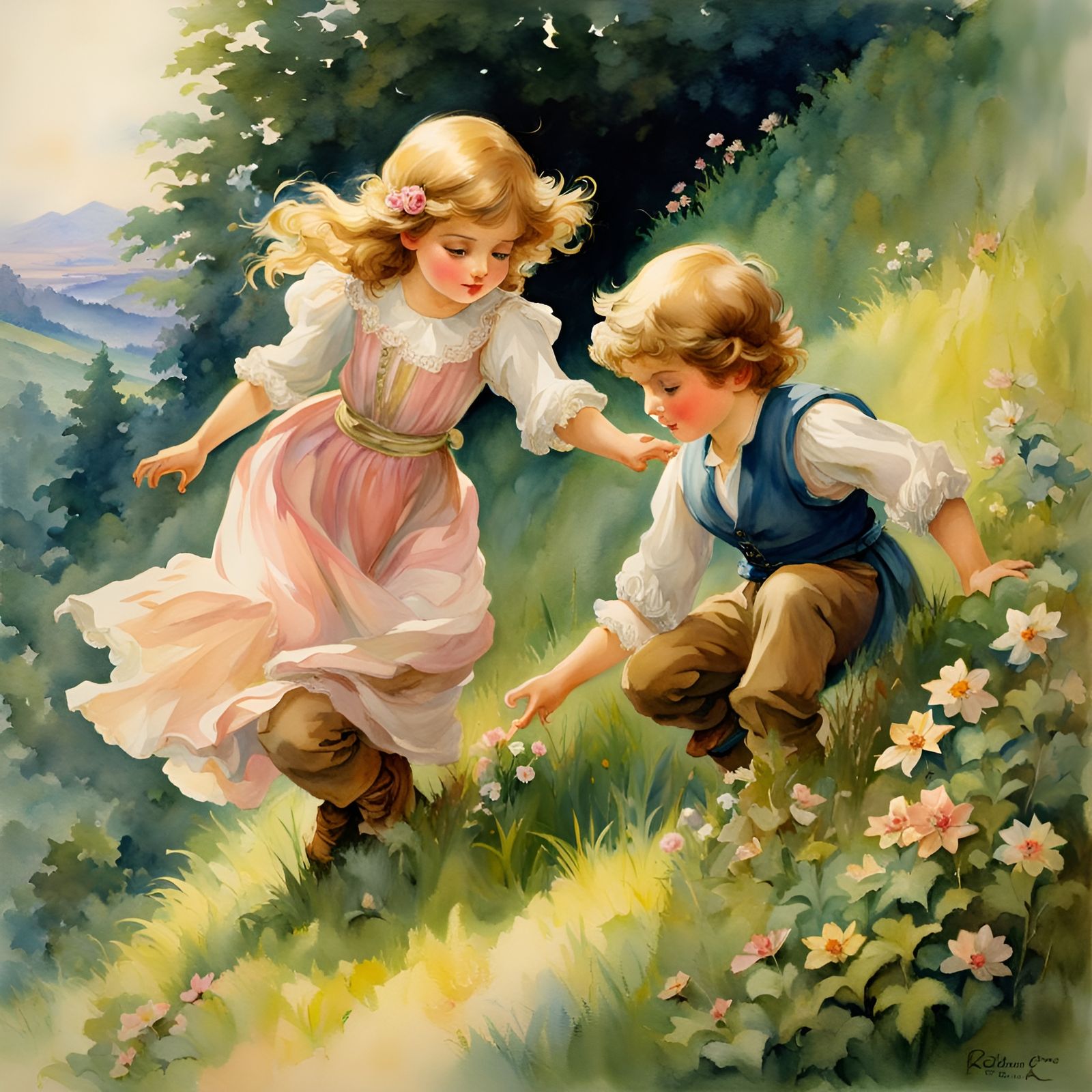 Children Tumbling Downhill in Watercolor Style