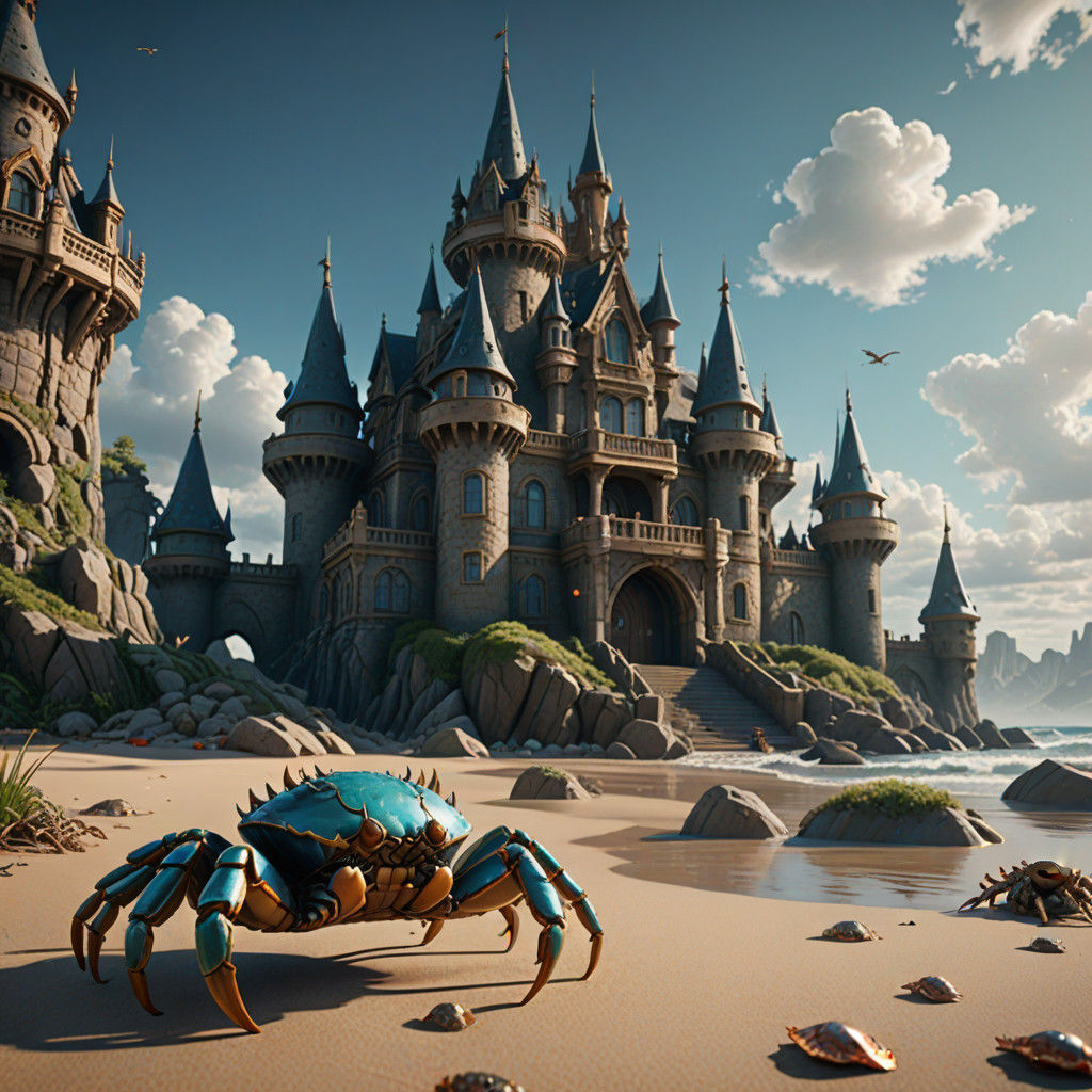 A Crab Adorns Royal Beachside Estate in Vibrant Fantasy