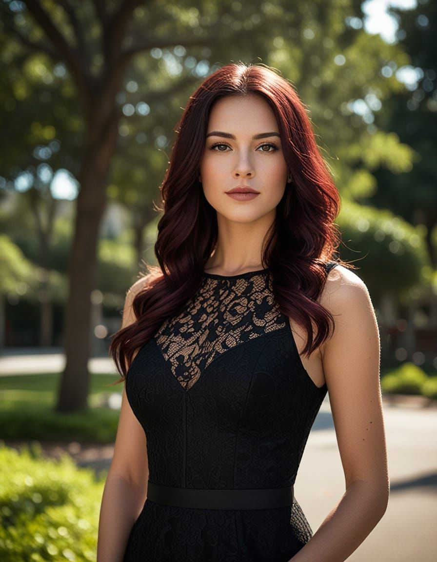 Burgundy Haired Woman in Lacy Dress: Cinematic Photography