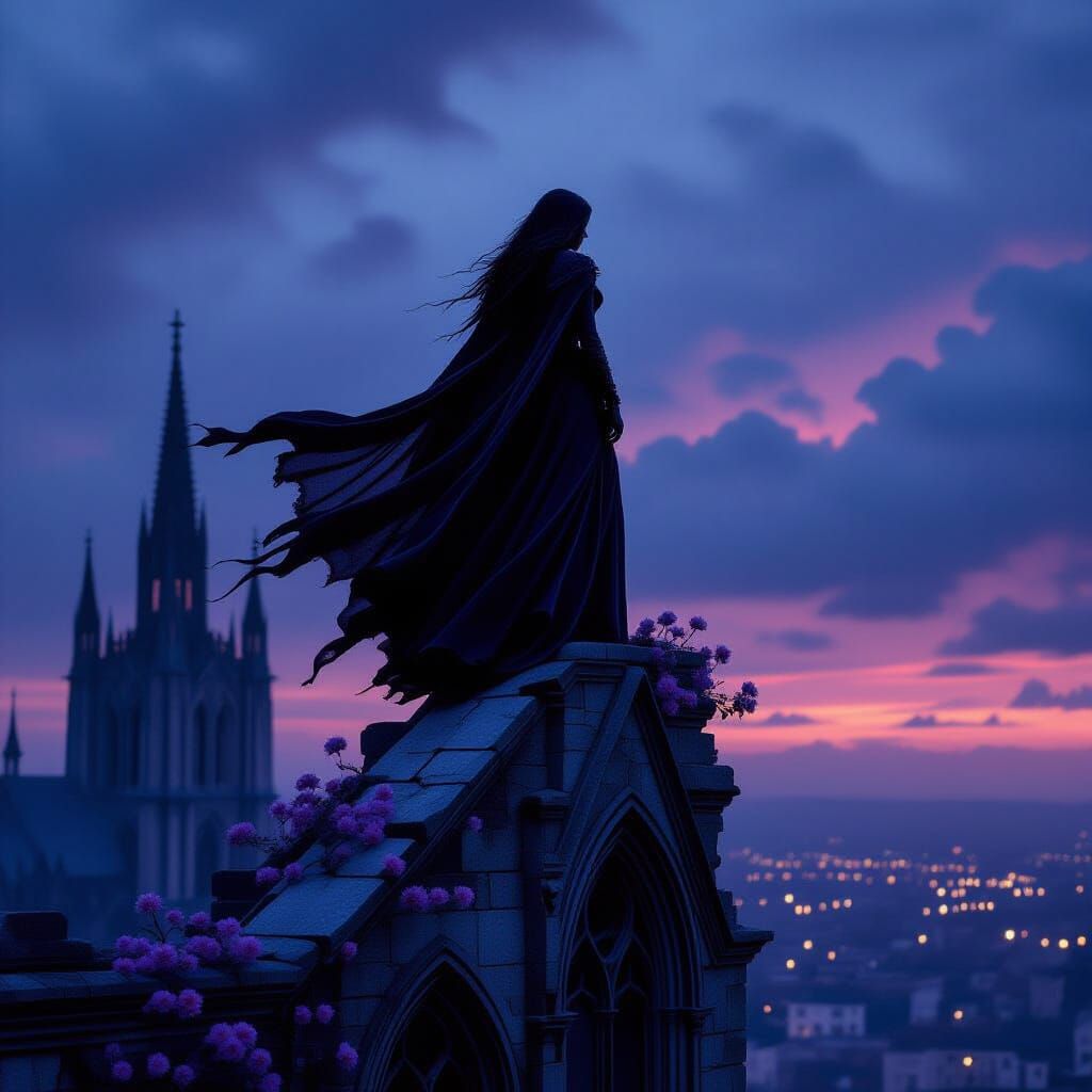 Valkyrie on Gothic Cathedral at Twilight