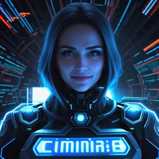 Smiling Woman Covered in Blue Neon Code, Sci-Fi Portrait