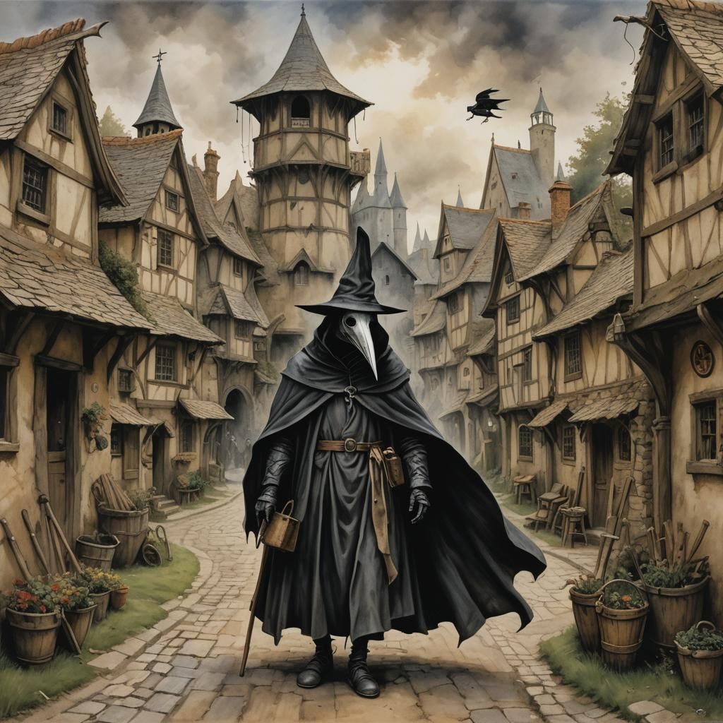 Plague Doctor in Empty Village, in Brian Froud Style