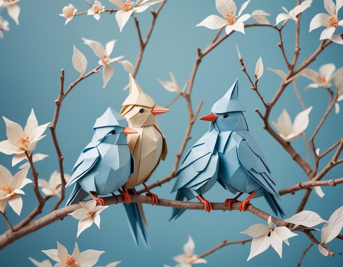 Delicate Origami Birds in Winter Hats