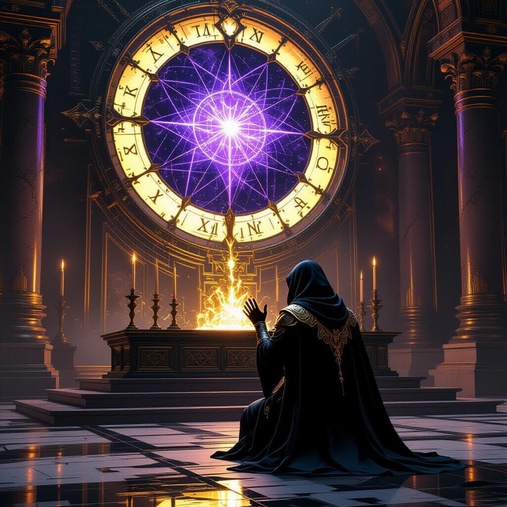 Technomancer Kneels Before Cracked Screen Altar