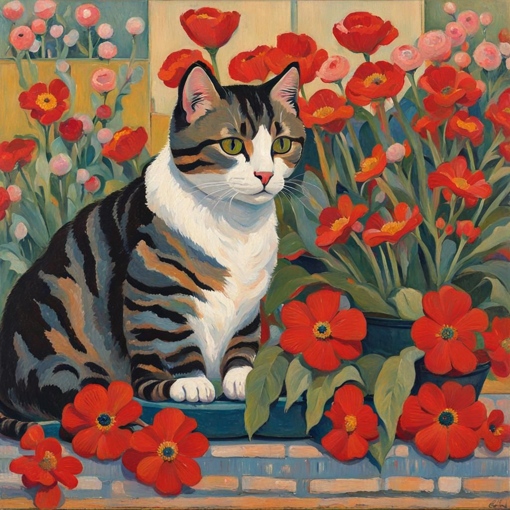 Colorful Cat Portrait with Floral Accents