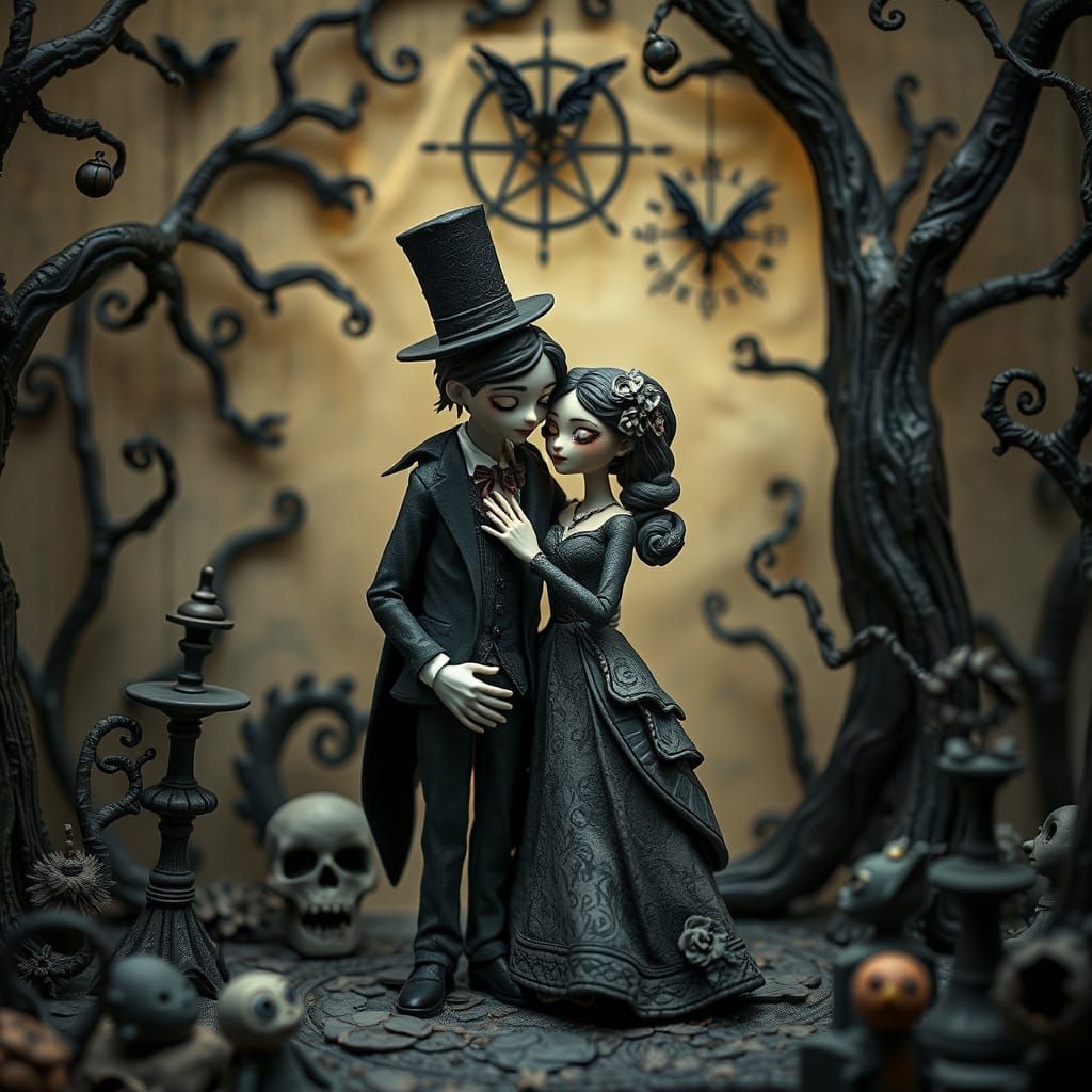 Claymation Couple in Darkly Fantastical Landscape