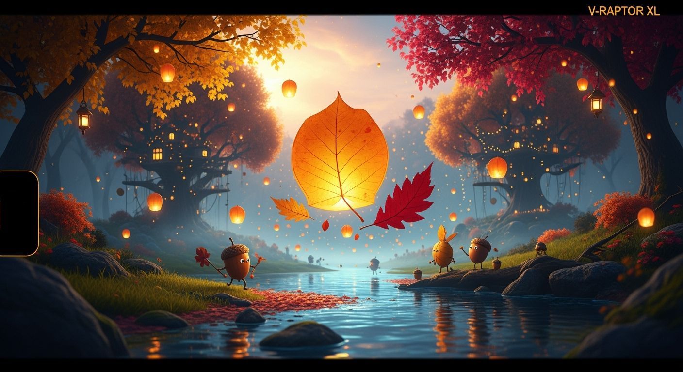 Magical Autumn Forest with Glowing Leaves and Creatures