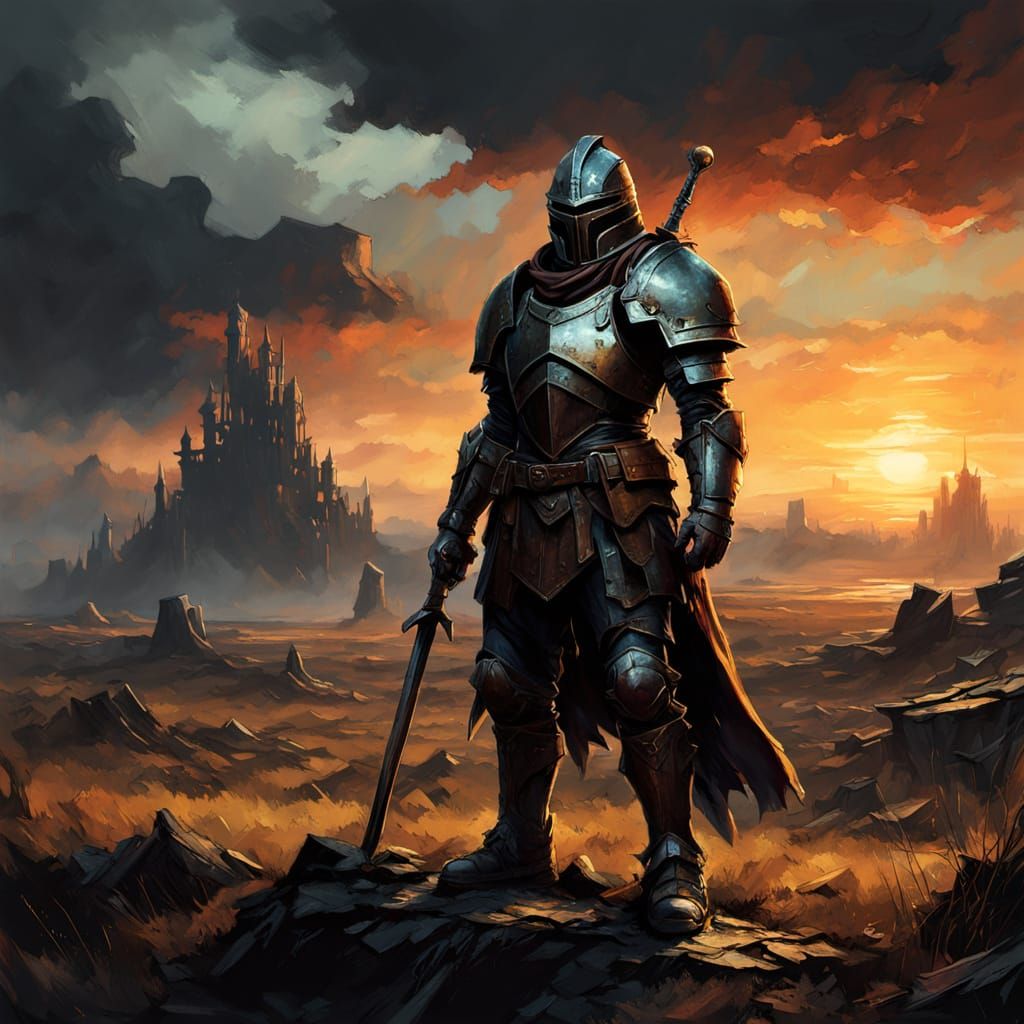 Heroic Warrior Stands Vigilant on a War-Torn Battlefield