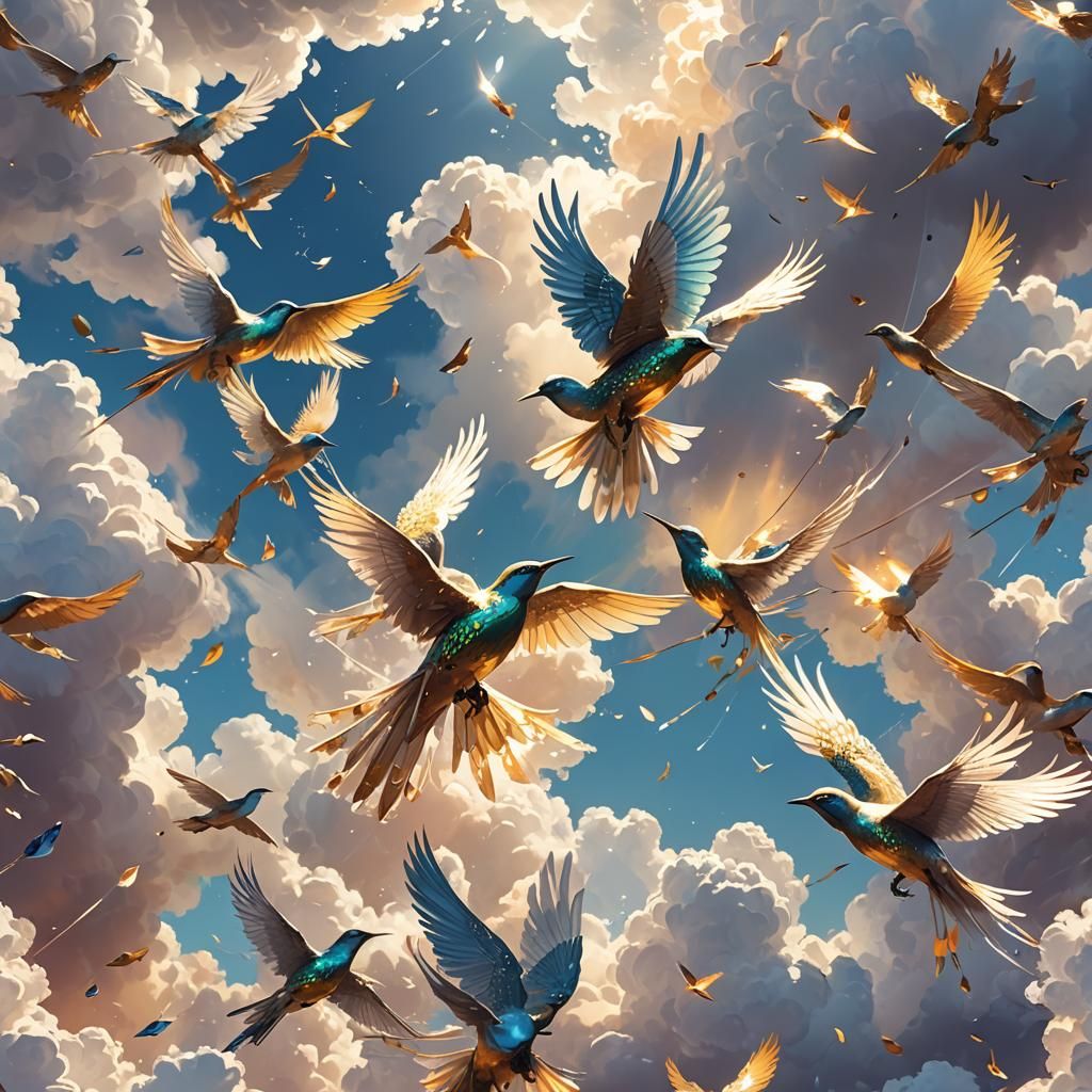 Sparkly Crystal Birds in Ethereal Fantasy Landscape