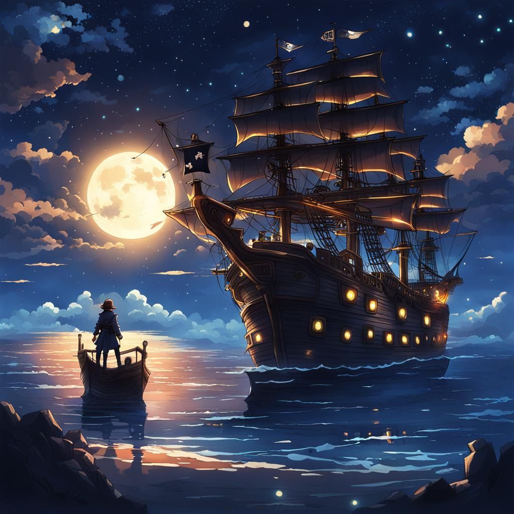Pirate Ship Under Anime Night Sky