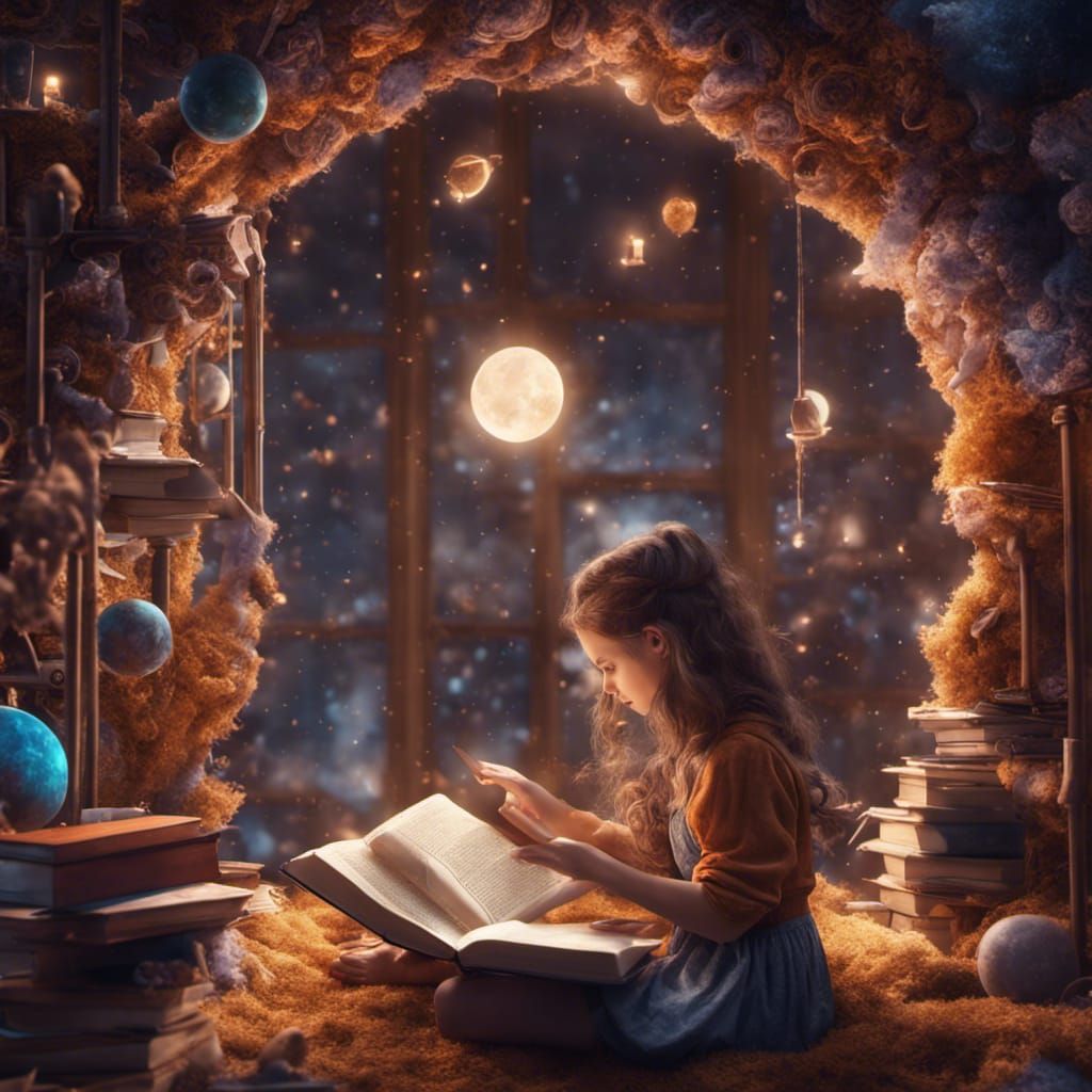 Girl Reading Book in Universe of Imagination